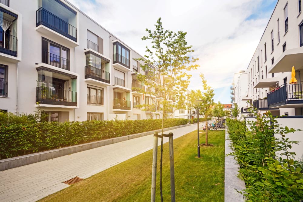 Modern residential buildings with outdoor facilities, Facade of new low-energy houses