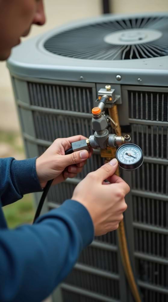 Technician checking refrigerant levels with manifold gauge in home air conditioner