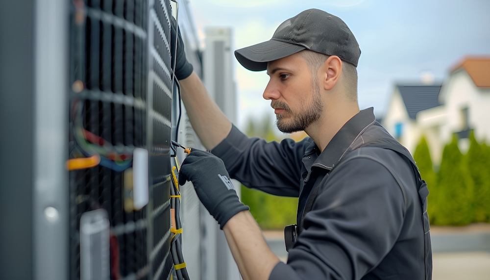 male worker testing power on a HVAC unit